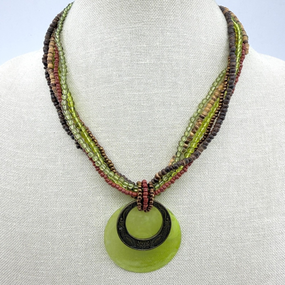 Layered Multi-Strand Necklace Lime Green Disc Statement Cottagecore Festival